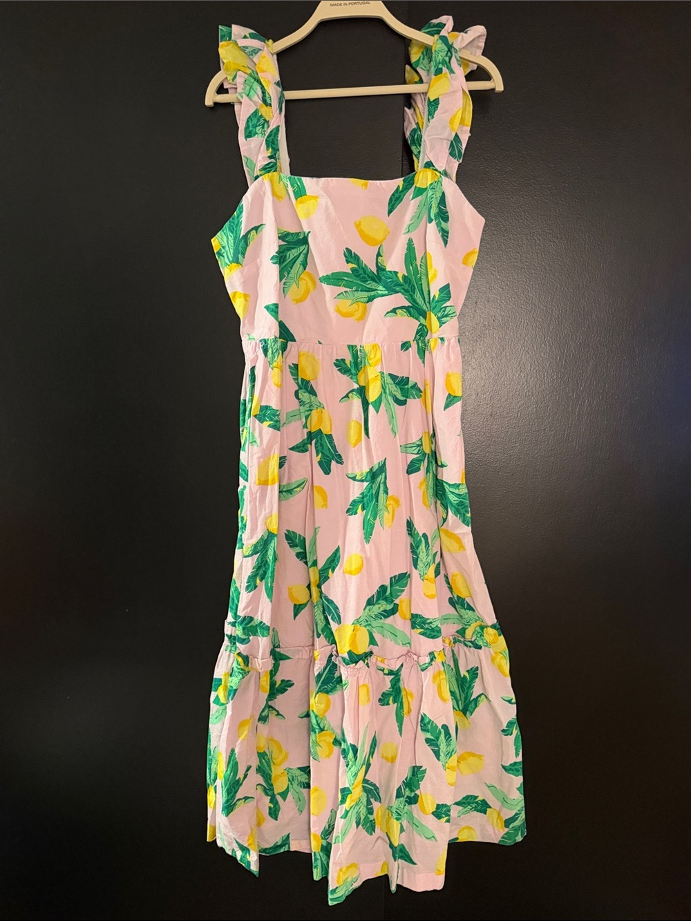 J. Crew Pink Lemon-Print Ruffle Strap Midi Dress